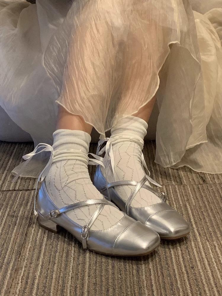Coarse Heel Cross Silver Ballet Small Leather Shoes French Mary Jane Shoes Square Head Low Heel Single Shoes Women's Spring and Autumn Evening Shoes