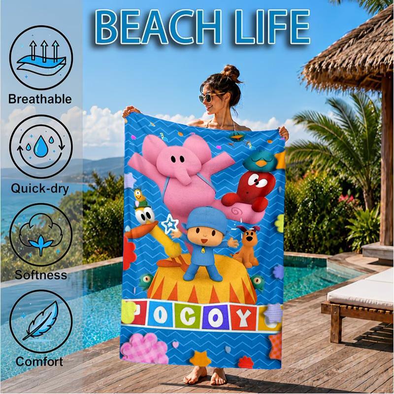 Pocoyo's Colorful Adventure Beach Towel, Quick-drying, Easy to Care for, Suitable for Both Fitness and Beach Vacations,Sports Essential