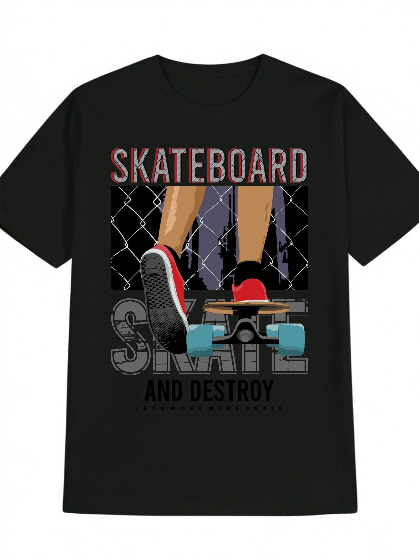 Skateboard & Red Sneakers Graphic T-shirt - Black Casual Streetwear Tee with Skate or Destroy Print L