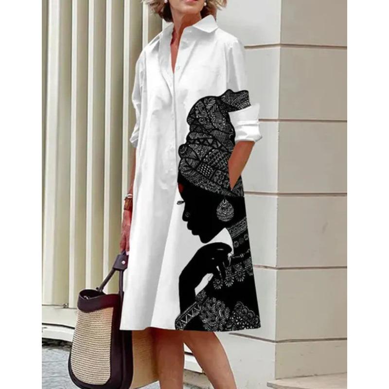 Novos produtos de outono, camisa com gola estampada de bolinhas de temperamento fashion, manga comprida, vestido médio e longo