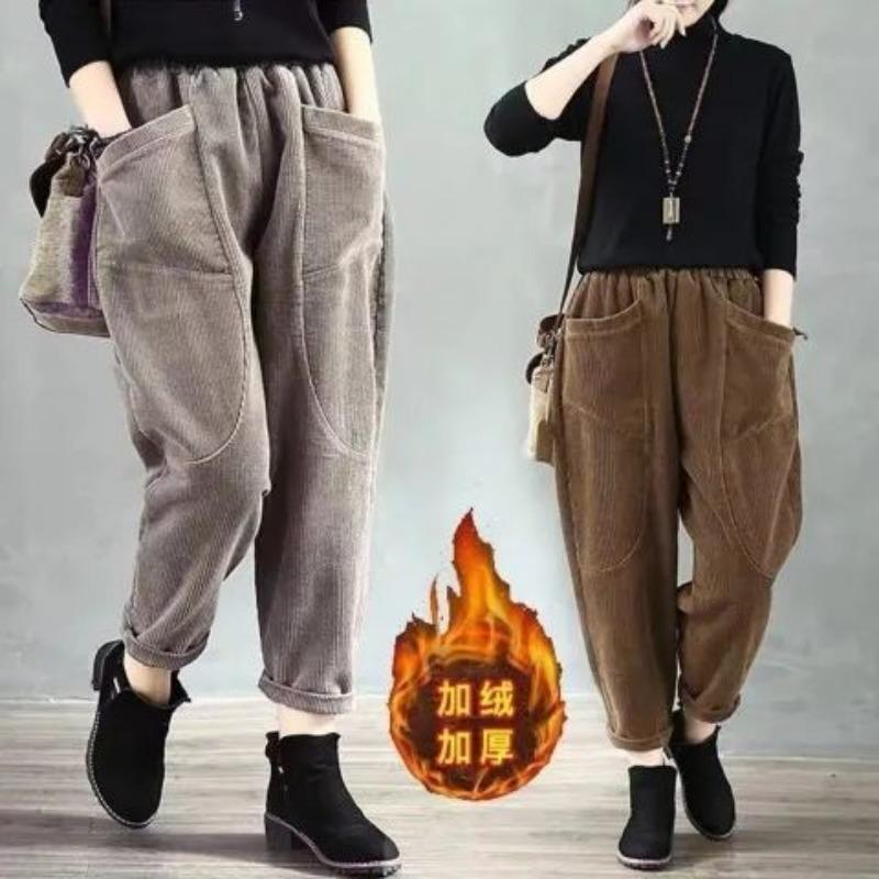 Autumn Winter Elastic Waist Solid Loose Causal Corduroy Harem Pants Women Pockets All-match Velvet Trousers