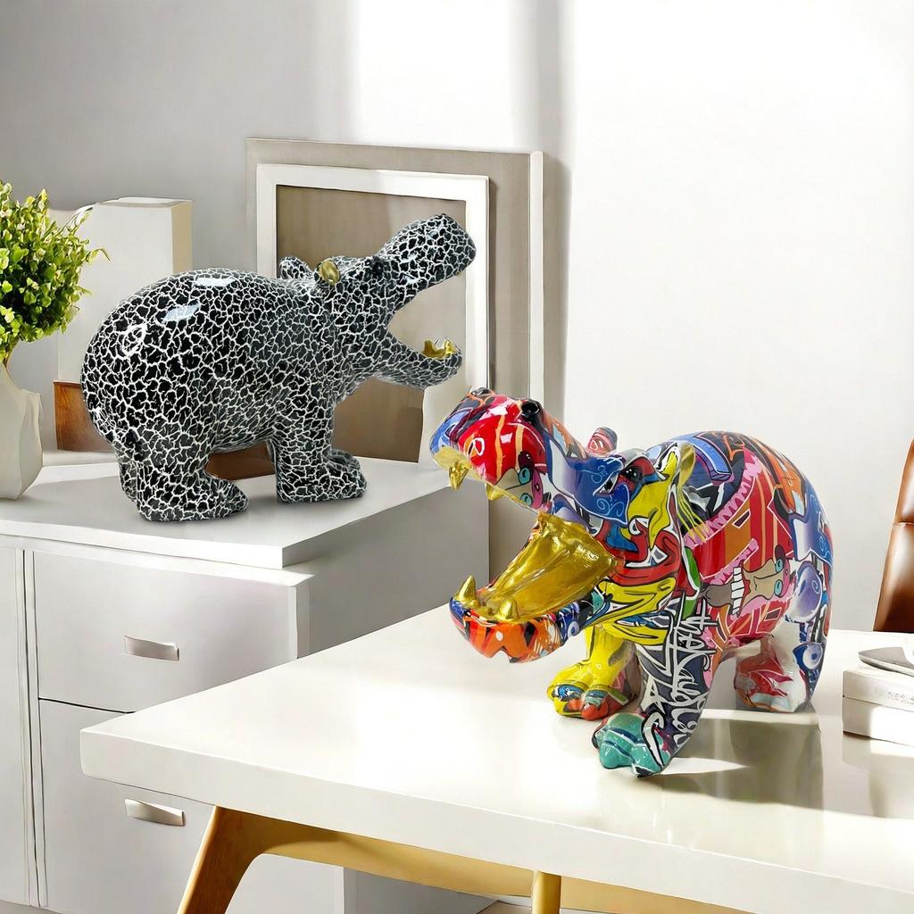 Nordic Creative Colorful Big Mouth Hippo Ornaments Home Living Room Office Desktop Animal Resin Craft Decoration