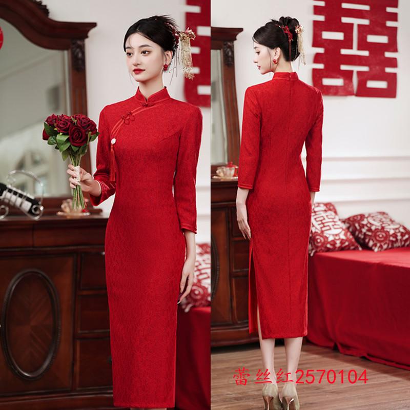 Red lace long bridal wedding cheongsam autumn new fashion improved young women red long-sleeved cheongsam