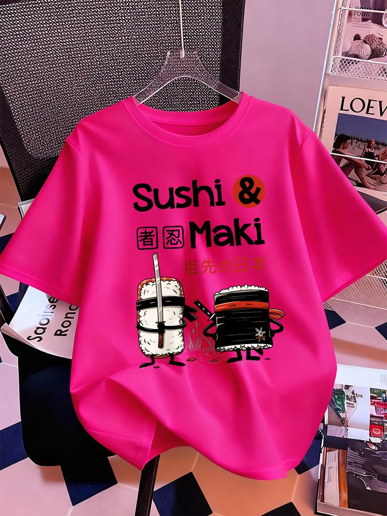 Japanese Sushi Maki Printing TShirts Womens Cotton Summer Short Sleeve Tops Soft Loose ONeck T Shirt Casual Womans Clothes