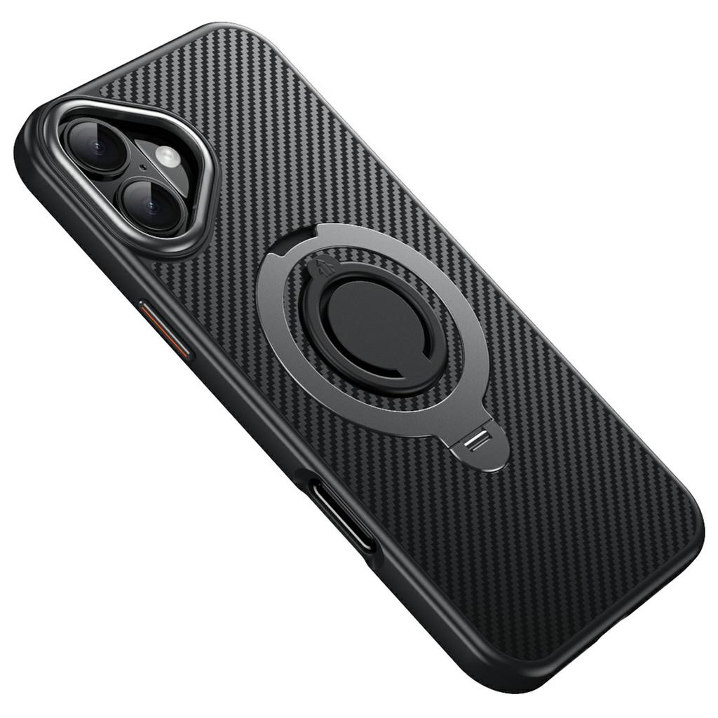 Für iPhone 16 Plus Hülle Kompatibel mit MagSafe Ständer Carbonfaser Textur PC+TPU Rückseite mit Silikonring