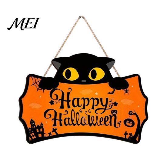 Autumn Festival Wall Ornaments Halloween Wooden Door Hanging Plaque, Printed Black Cat Pumpkin Castle Spider Web Front Cute Party Supplies Sign,