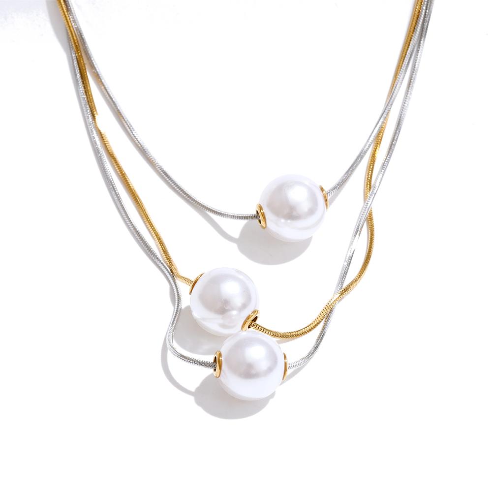 

Yhpup Korean Stainless Steel Simulated Pearls 3-Layered Pendant Necklace Popular Fashion Chic Exquisite Jewelry Accessories Gift
