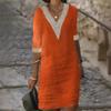 Solid Color V-neck Mid Sleeve Cotton Linen Casual Dress