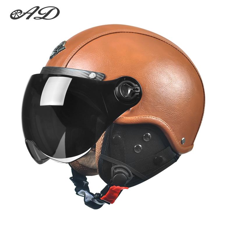 AD Retro Motorcycle Helmets with Harley Visor Leather Helmet for Man Electric Motorbike Vintage Protected Motor Safety Cap
