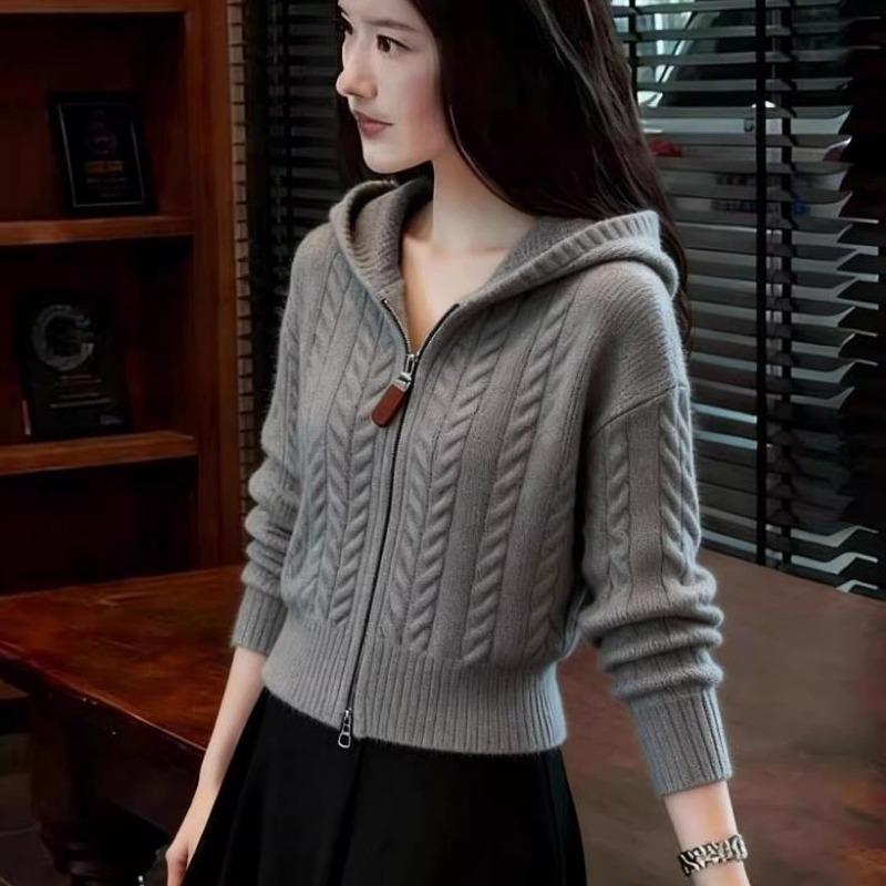 grey hooded full-zip cable knit cropped sweater for women onesize серый