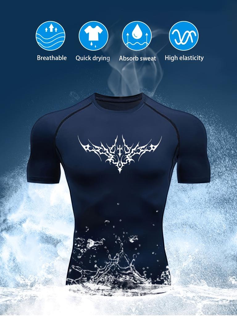 Men's Black Tribal Print Compression T-Shirt, Quick Dry Breathable Athletic Workout Top