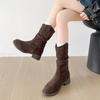 Braune Mode Vielseitige Retro V-Ausschnitt Dicke Ferse Mittelstiefel Damen Sommer 2025 Neu Skinny Maillard Martin Stiefel