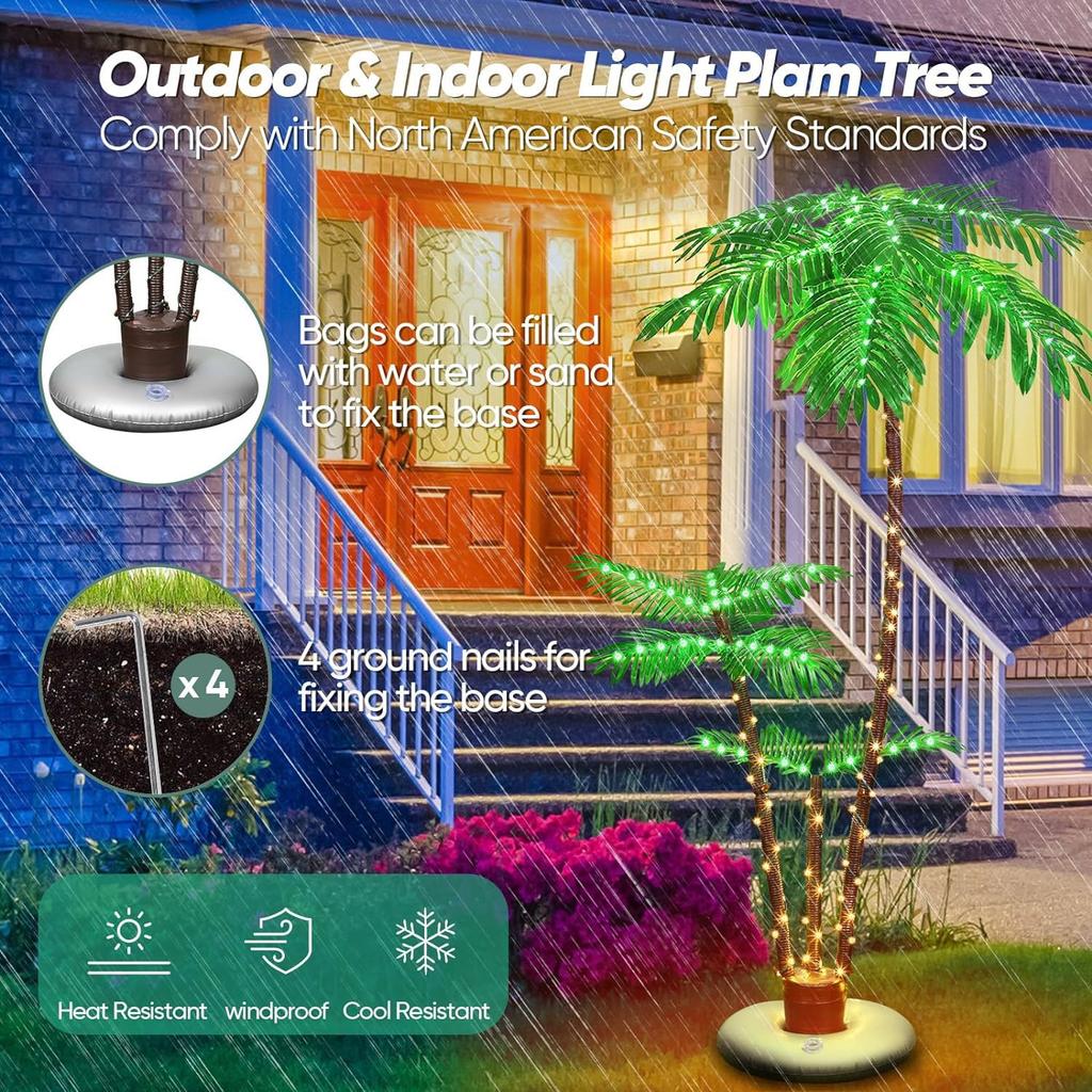 6-Foot LED Artificial Palm Tree, Outdoor Christmas Palm Tree, Hawaiian Tiki Bar Decoration, Pool, IndoorOutdoor Patio, Garden Party Lights (3 Trunks)