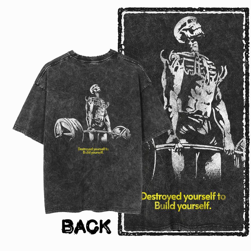 G Back Print Acid Washed Cotton Unisexs Cool Gym Skull Graphic Tshirt   Streetwear Big Size Oneck Unisexs Tee Tshirt