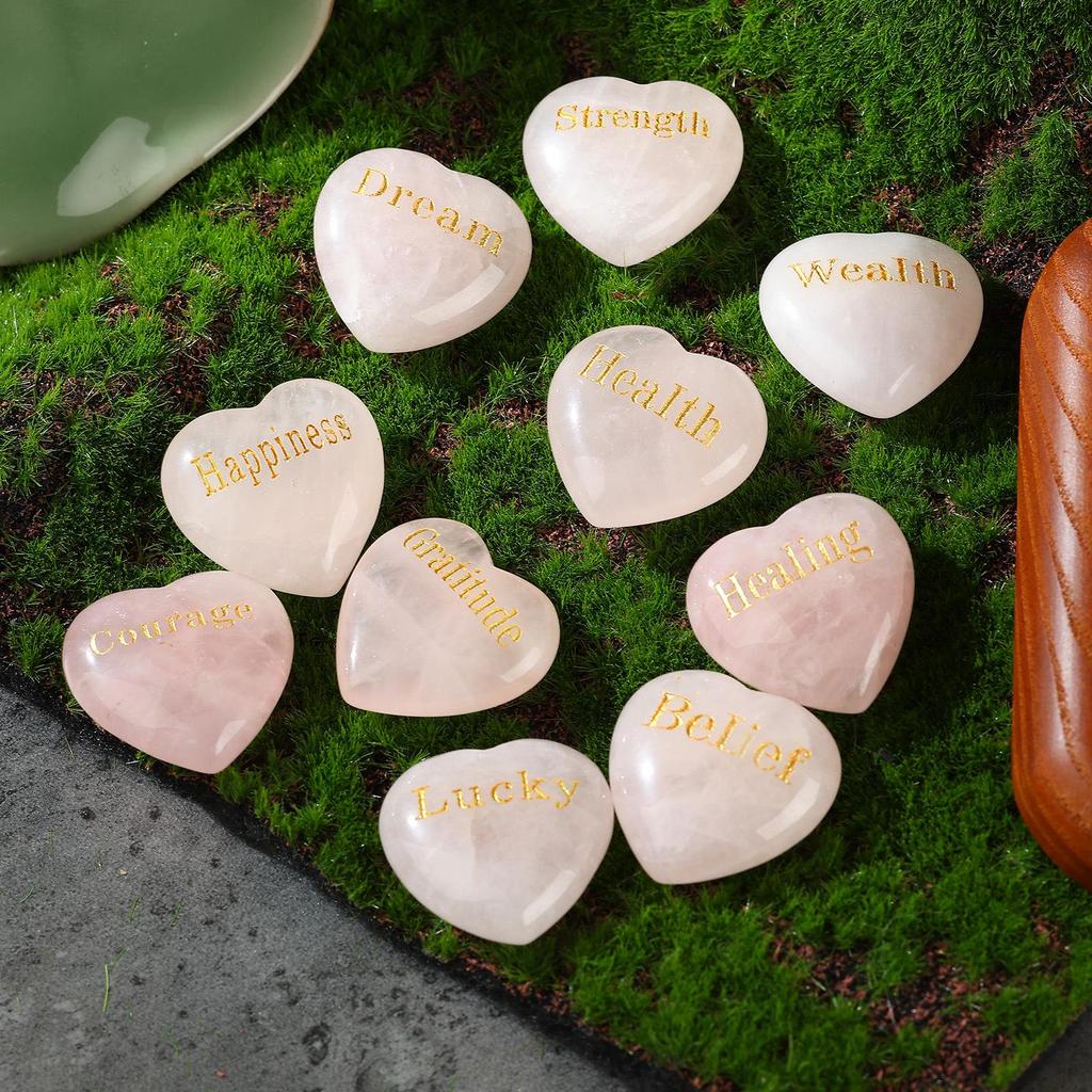 Natural Pink 30mm Heart-Shaped Engraved Crystal Pocket Stone Ornament