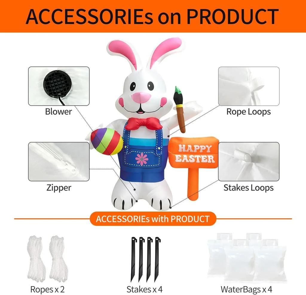 Blue Bunny Inflatable Easter Inflatables Decorations LED Lights Blow Up Yard Decorations Indoor Outdoor Garden Decorations