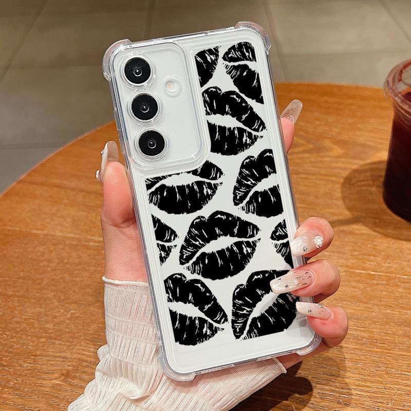 

Тонкий противоударный чехол с цветным принтом губ для Samsung S25 Ultra S24 FE S23 S22 A16 A56 A36 A15 A55, прозрачный мягкий силиконовый защитный бампер для объектива Samsung A52 / A52s чёрный