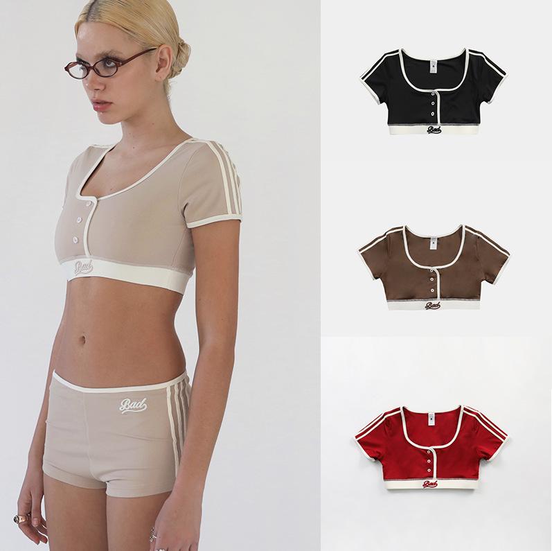 

Badblood Embroidered U-Neck Crop Top - Slim Fit, Button Front, Short Sleeve for Women Small