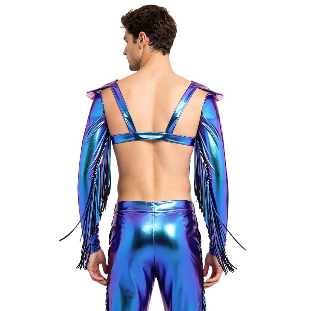 M-3XL Men Metallic Shiny Fringed Arm Sleeves Long Sleeve with Tassels Structured Epaulet Adjustable Chest Harness Club Party Crop Top
