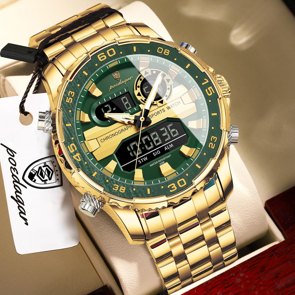 POEDAGAR Electronic Fashion Man Wristwatch Week Date LED Luminous Men Watch Dual Time Display Digital Quartz Watches