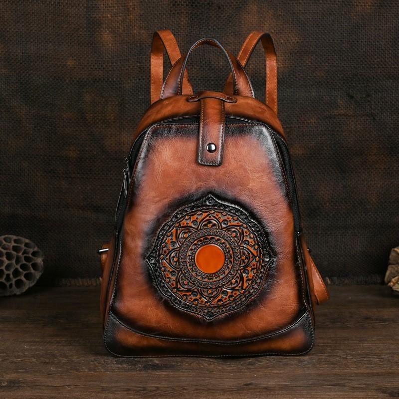 Johnature Vintage Totem Geprägter Rucksack, vielseitige Damen-Ledertasche, einfarbig, große Kapazität, Reiserucksäcke
