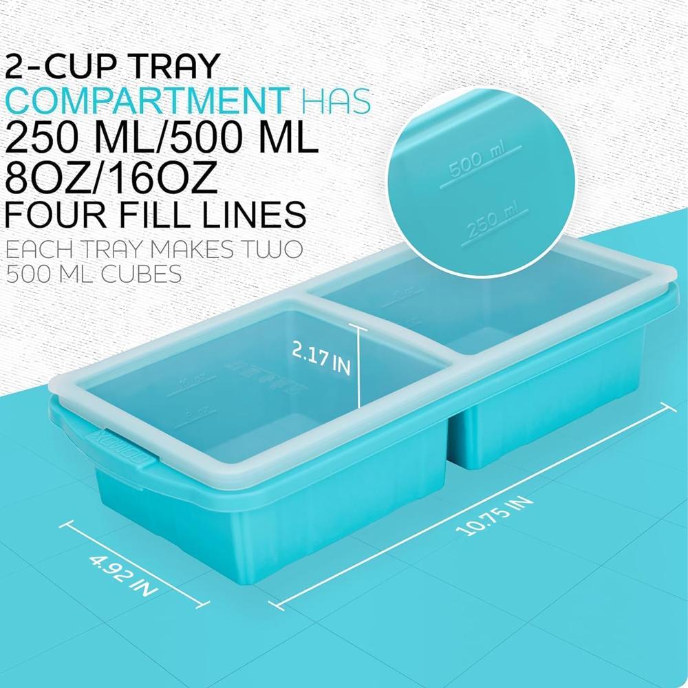 Silicone Freezer Tray With Lid-Soup Freezer Container molds-Large Ice Cube Tray Set Makes 1-Cup & 2-Cup Portions Cubes