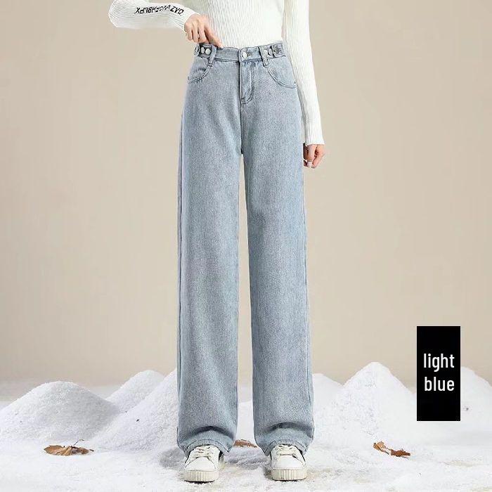 Women's Light Blue Fleece-Lined Wide-Leg Jeans - Winter New Straight-Leg Warm Pants for Students