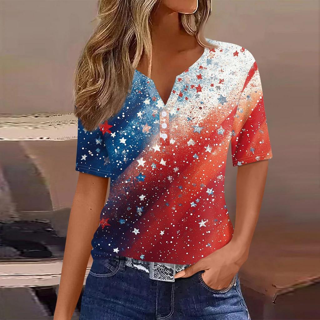 Women's T Shirt Tee Independence Day Printed Button Short Sleeve Tunic Daily Weekend Fashion Basic V- Neck Regular Top