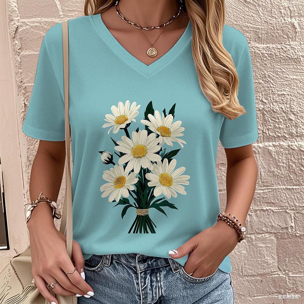 Women's Printed V-neck T-shirt, Summer Casual Urban Fashion Large-sized Women's Wear with Short Sleeves