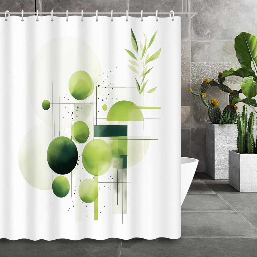 1pc Fresh Green Plants Geometric Abstract Shower Curtain - 12 Hooks, Home & Bathroom Decor