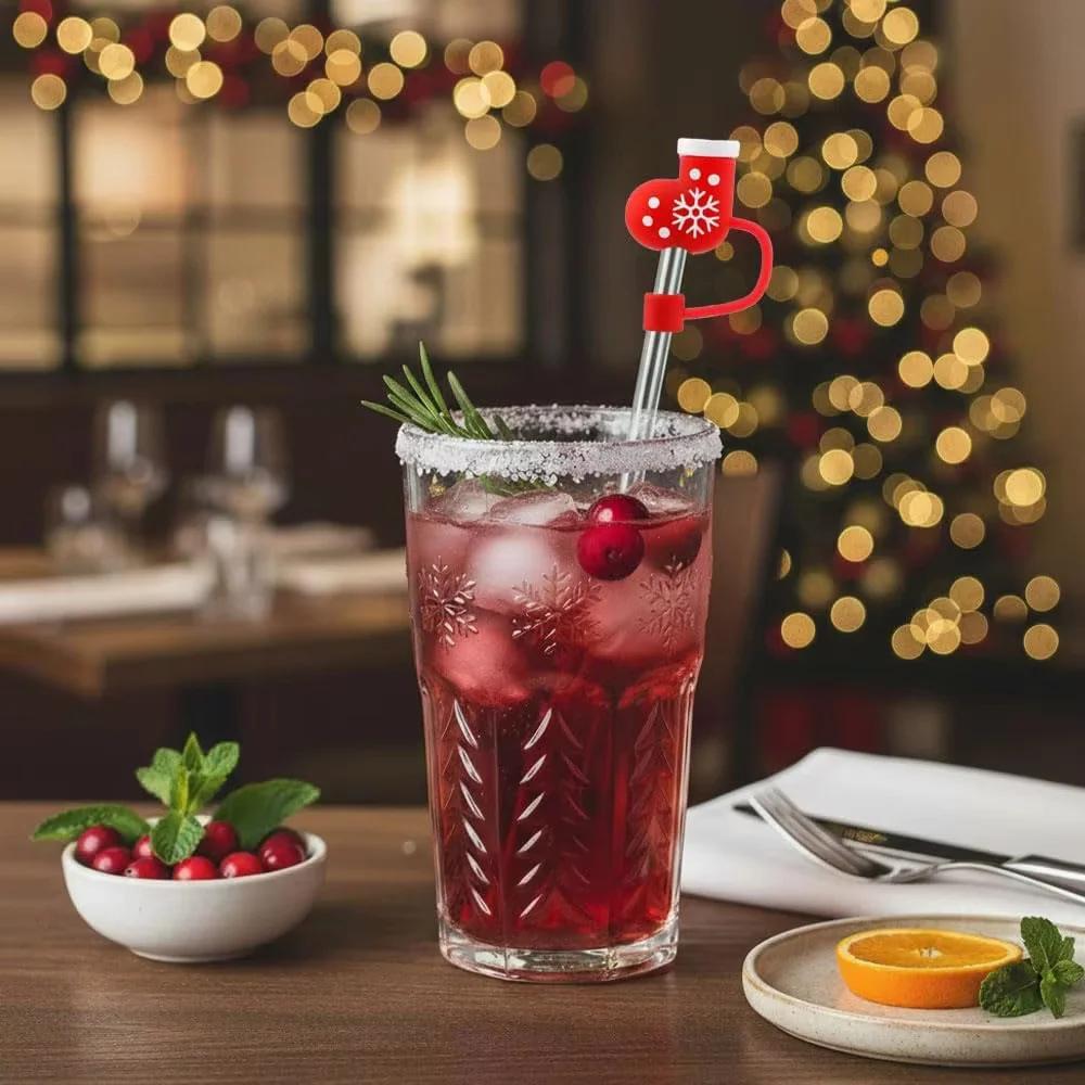 5Pcs Christmas Straw Hat Cup Silicone Straw Topper Tumbler with Handle Dust-Proof Reusable 10mm Beverage Straw Topper