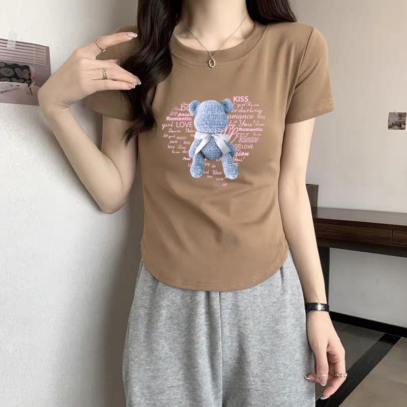 

Loose T-shirt 2025 new pure cotton gray short-sleeved women s summer high-end super good-looking bear top love design XXL