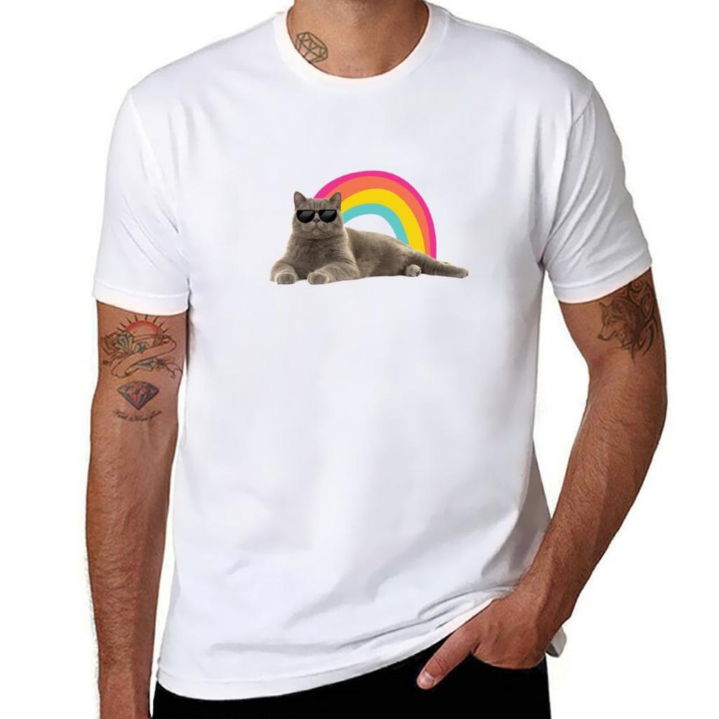 Rainbow Cool British Short Hair Funny Cat TShirt Functional Casual Short Sleeve Tee
