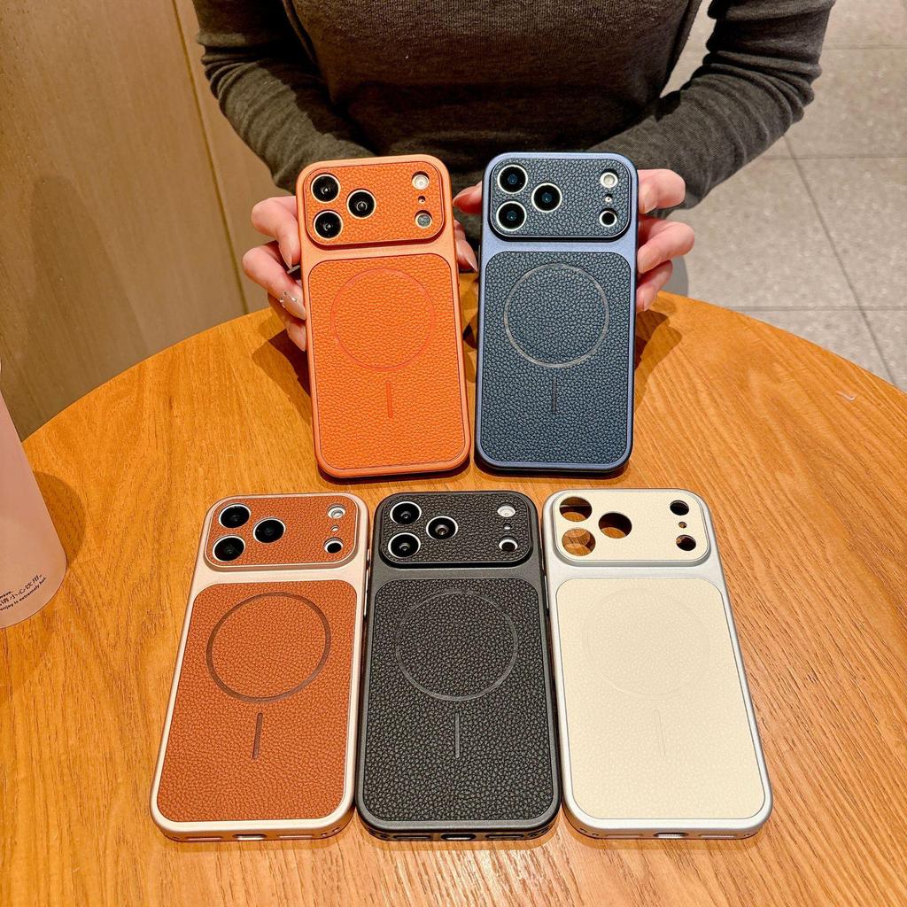 Magnetic Leather Texture Phone Case for iPhone 17 Pro Max: Instantly Transforms into Large Window, Compatible with Apple 16, Business Lychee Design.