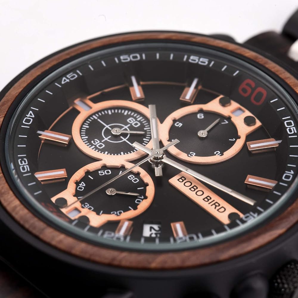 Bobo Bird S18-1 Men's Stylish Wooden Watch Black Stainless Steel Chronograph Luminous Pointer 44mm Fashion Watch