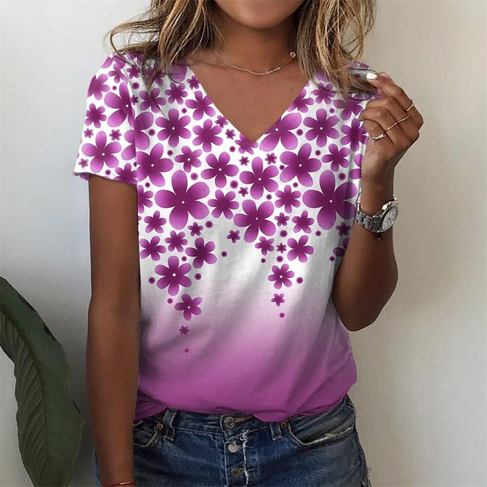 Fashion Floral Pattern 3D Digital Printing Women's Comfortable V-neck Short Sleeved T-shirt