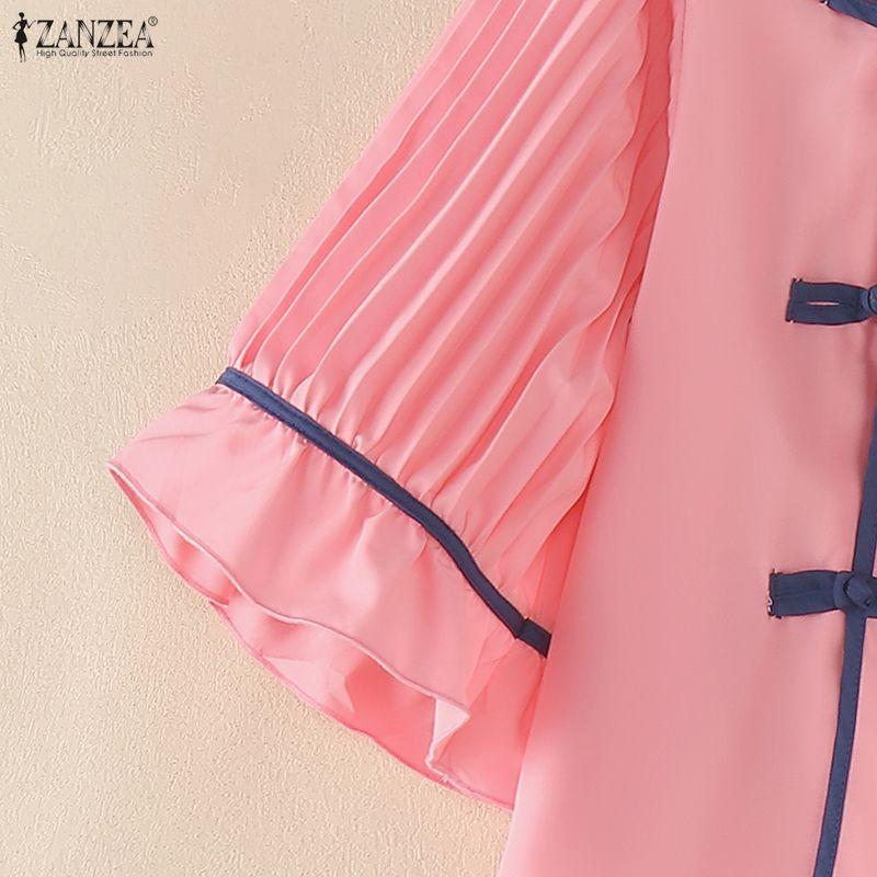 ZANZEA Women Casual Stand Collar Flare Half Sleeve Loose Blouse