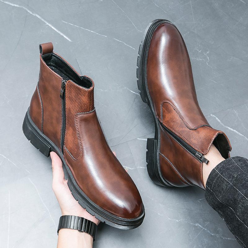 British Style Round Toe Leather Boots Men's Fashion Casual High Top Boots Buckle Slip-on Thick-soled Boots