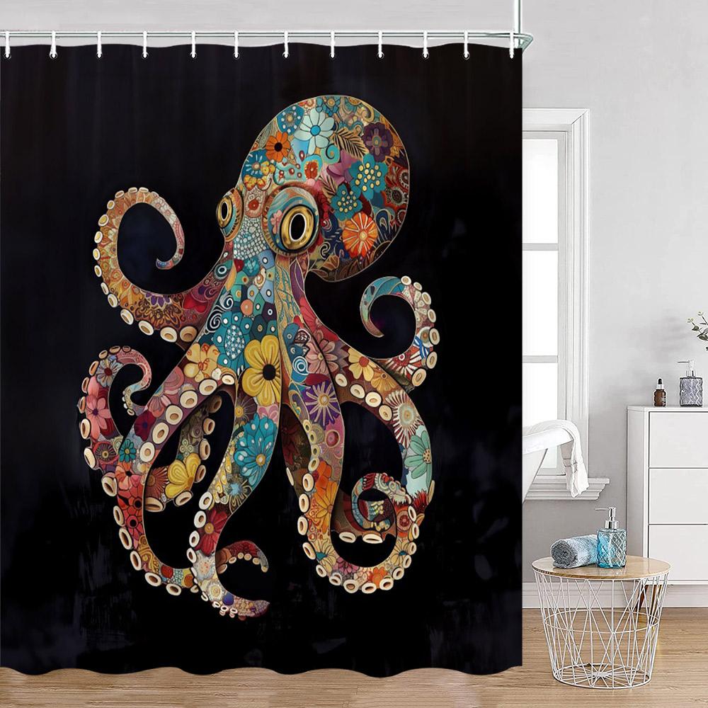 Octopus Shower Curtains Ocean Animals Funny Octupus Undersea World View Bathroom Curtain Nautical Bath Decorations with Hooks