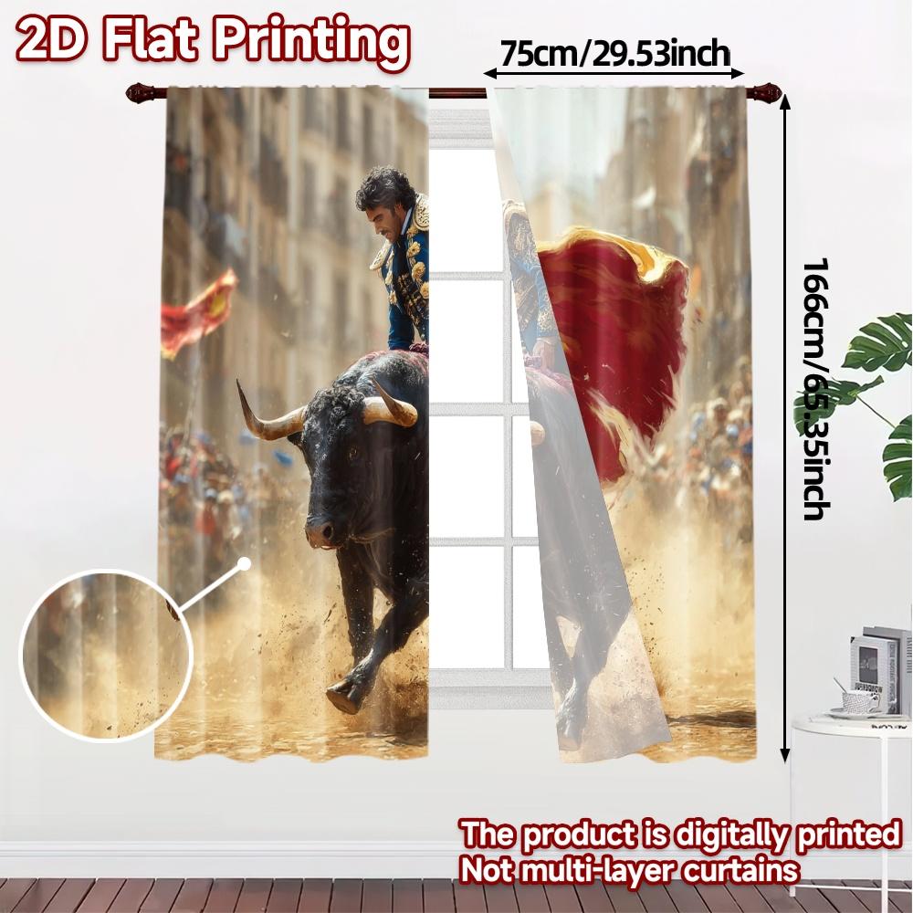 2pcs, 2D FLAT PRINTING Curtains (Without Rod) Matador Charge Fashionable Modern Curtains Yarn Curtains Holiday Ldeal for Digital