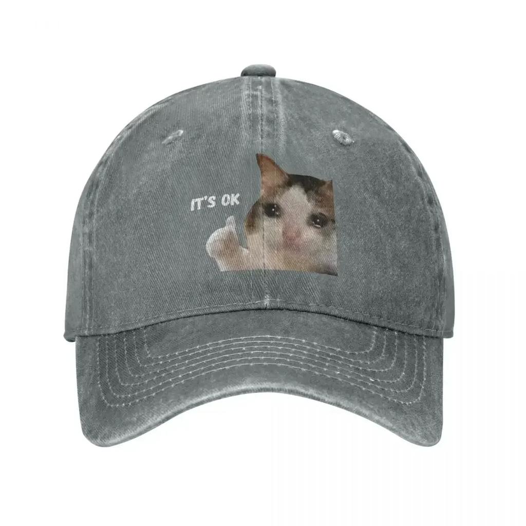 Retro Cat Sad Thumbs Trucker Hat Unisex Style Distressed Washed Snapback Cap Funny Crying Cat Outdoor Activities Caps Hat