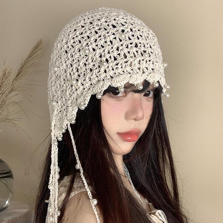 Hollow Pearl Tassel Pendant Bag Head Hat for Women Summer Celebrity Style Knitted Pullover Hat Retro Face Showing Hat