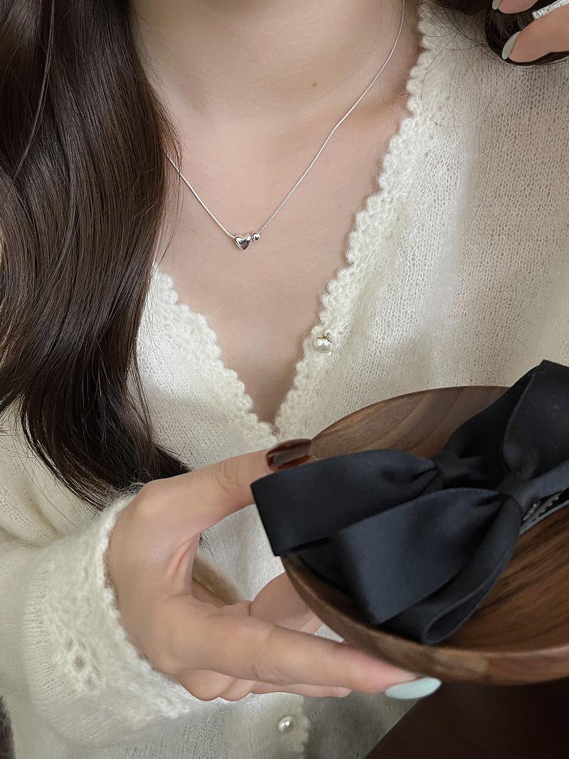 Sterling Silver Heart Bead Necklace - Women s Snake Chain Korean Style Clavicle Choker 925 Silver серебряный