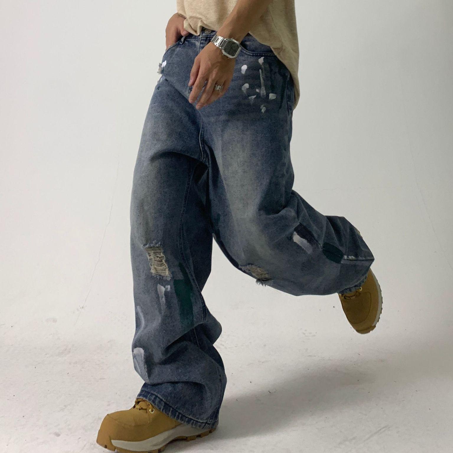 

Европейские и американские уличные джинсы с чернильными пятнами для мужчин и женщин, нишевый дизайн, свободные широкие брюки для пар, повседневные универсальные брюки XL