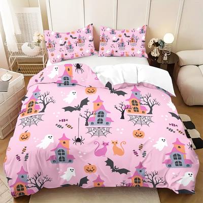 Rosa Halloween Bettwäsche Set Lieblicher Geist 3D Gedruckt Gemütliches Bettbezug Set King Queen Twin Einzelgröße Geburtstagsgeschenk Schlafzimmerdeko