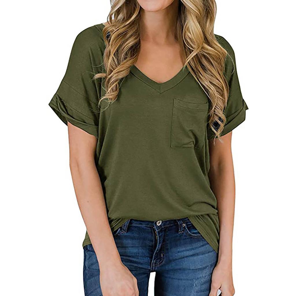 Women's Fashion Spring/summer V-neck Pocket T-shirt With Rolled Edge Short-sleeved Loose Top