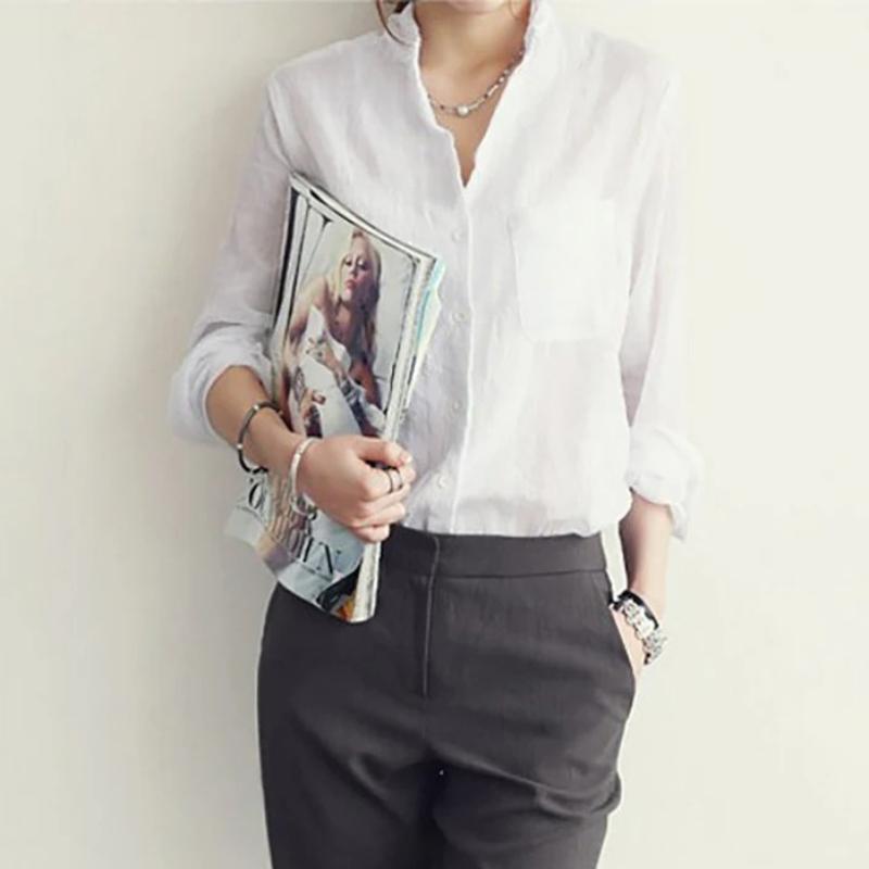 Women Autumn Korean Solid Cotton and Linen Blouse Vintage Solid Thin Loose Shirt Casual Long Sleeve Korean
