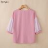 ZANZEA Women Casual Round Neck Stripe Splice Half Sleeve Loose Blouse