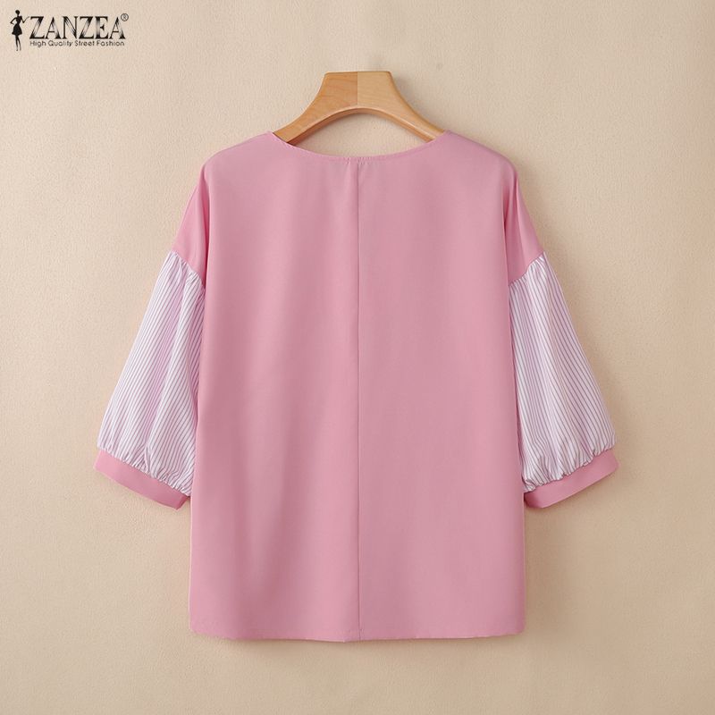 ZANZEA Women Casual Round Neck Stripe Splice Half Sleeve Loose Blouse