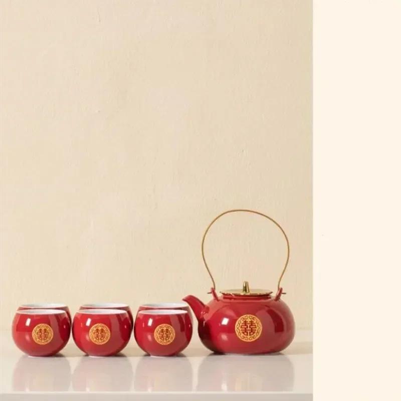 Chinese Red Ceramic Tea Set Bamboo Tray Handmade Teapot Kettle Teacup Tea Jar Household Wedding Teaware Sets Holiday Luxury Gift
